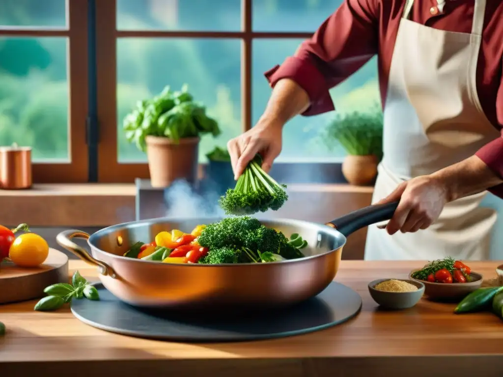 Un chef italiano preparando platos saludables con pasión y destreza en una cocina tradicional