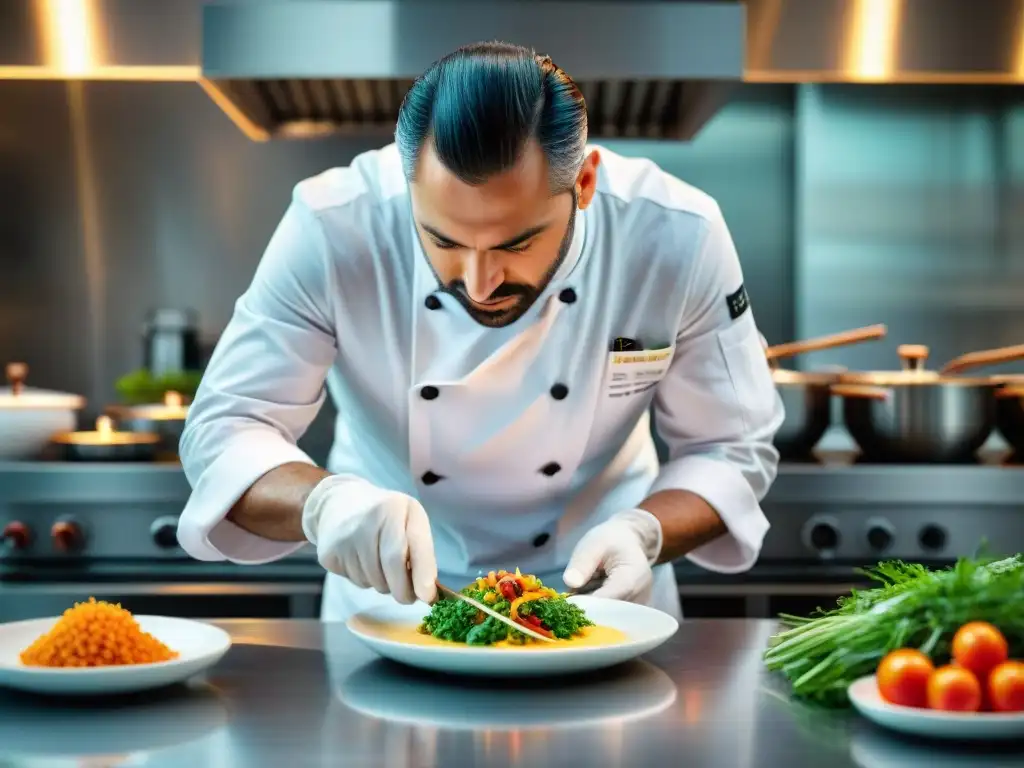 Un chef italiano crea platos sorprendentes en una cocina moderna, fusionando ingredientes tradicionales con un toque contemporáneo