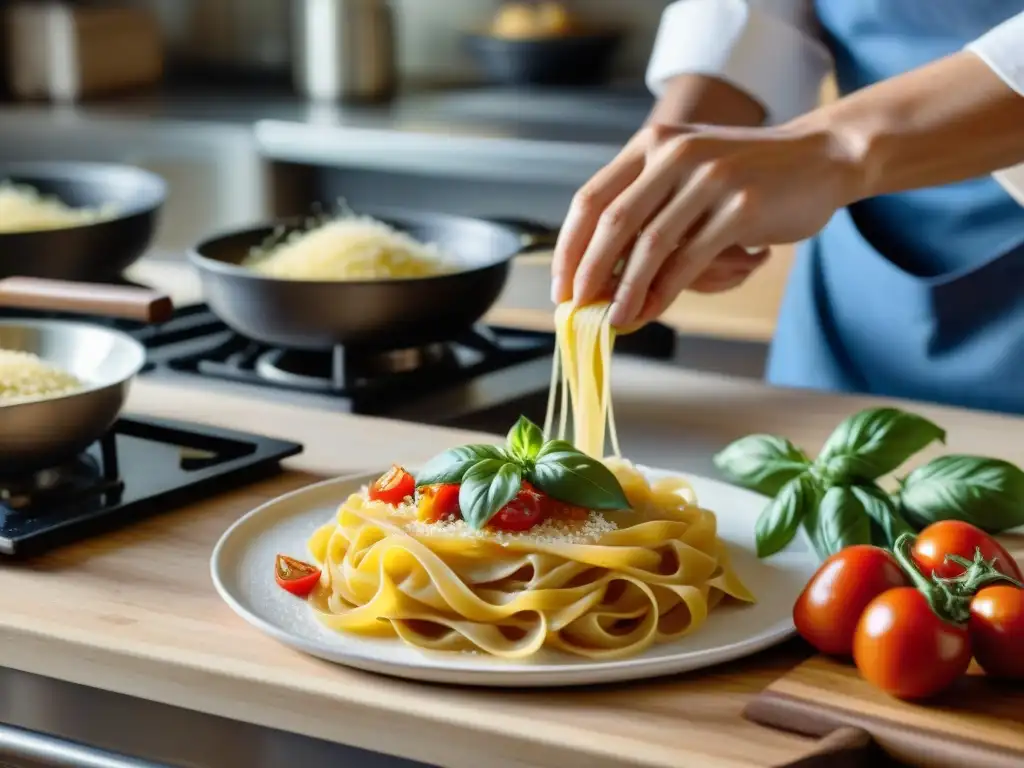 Chef italiano preparando platos tradicionales en una cocina bulliciosa