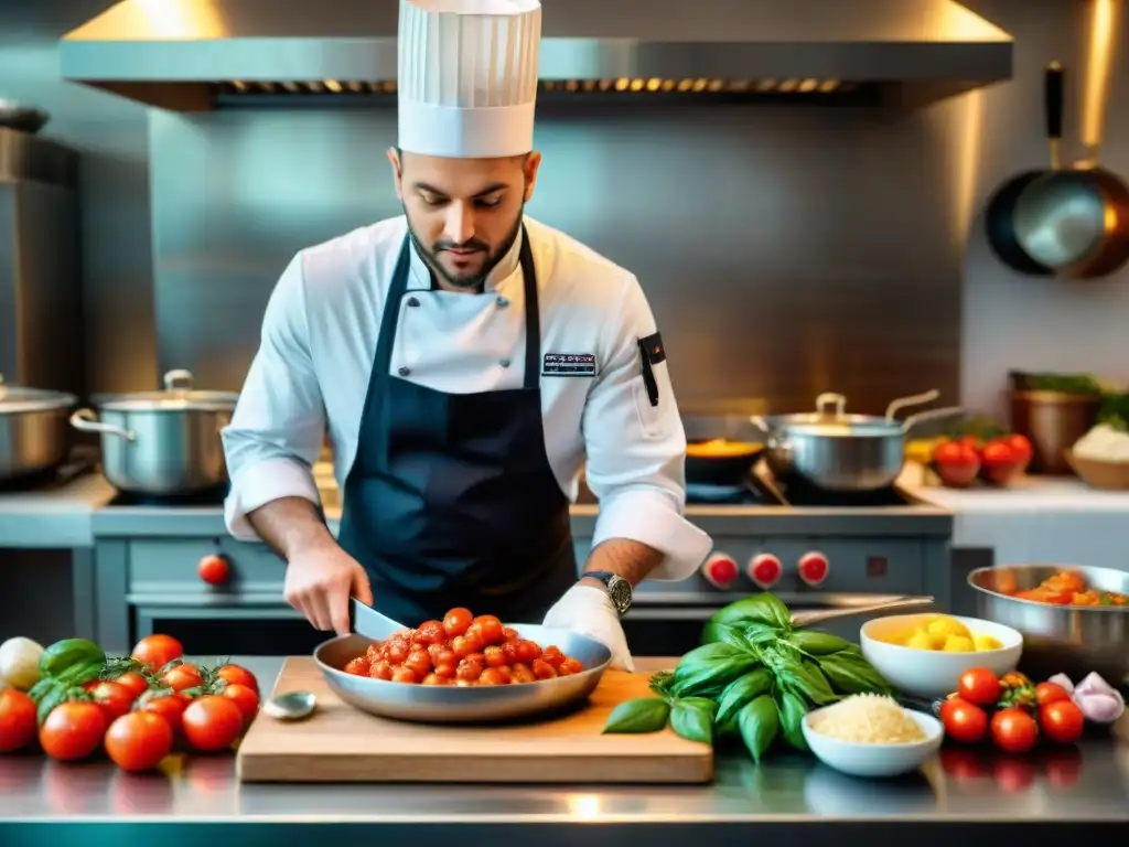 Un chef italiano preparando platos tradicionales en una cocina auténtica y organizada