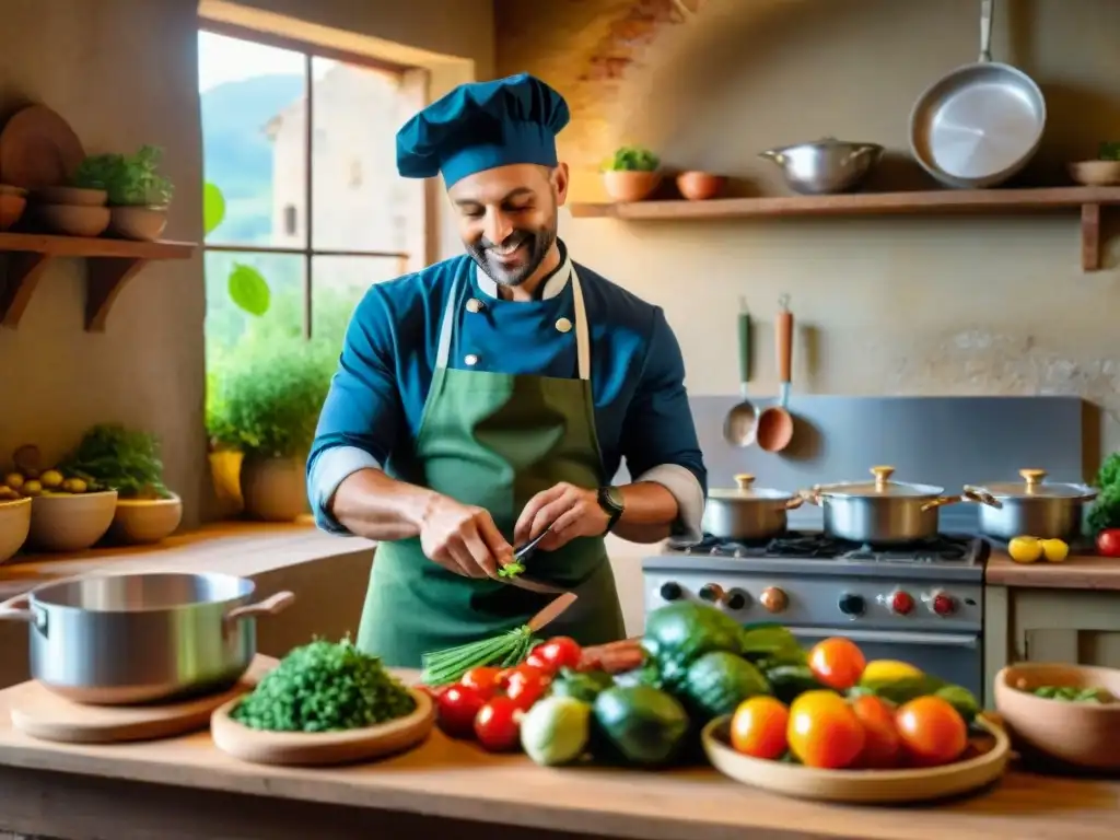 Un chef italiano prepara platos veganos con pasión en una cocina toscana