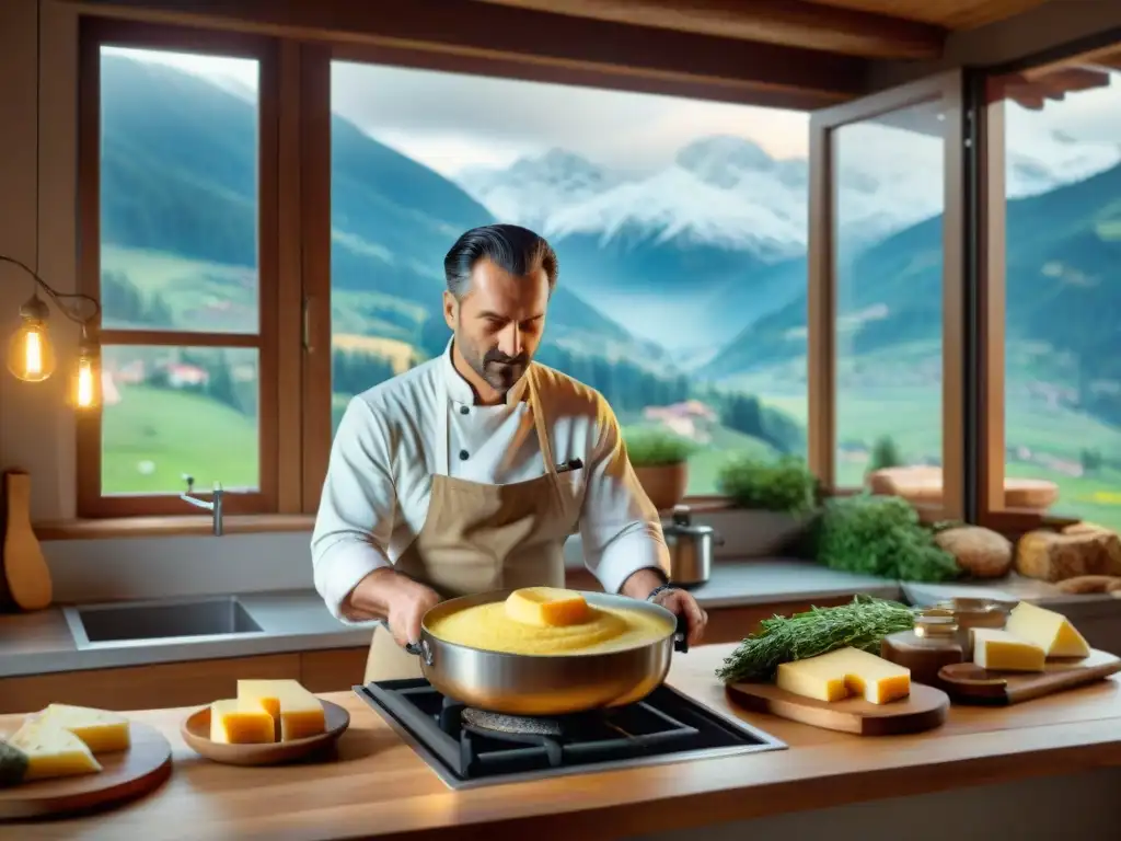 Chef italiano preparando polenta en acogedora cocina alpina con vista a los Alpes