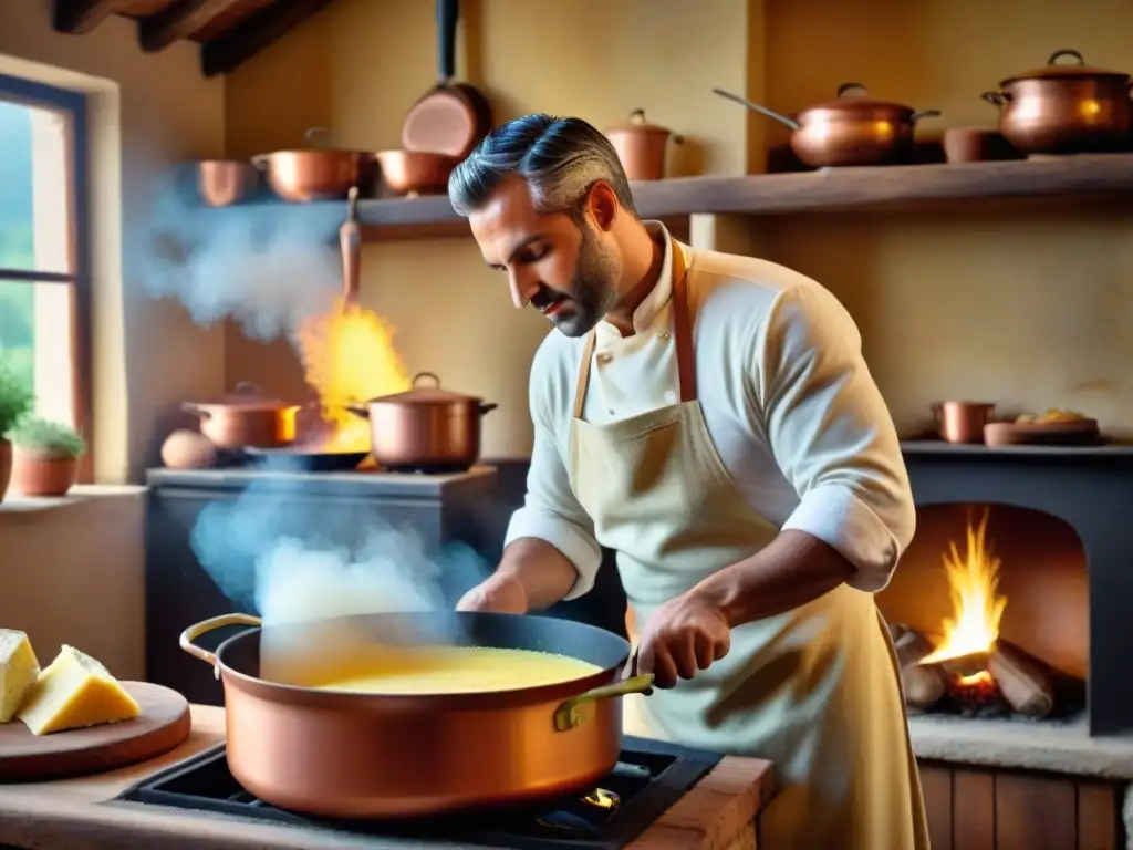 Chef italiano remueve polenta en cocina tradicional, mostrando la historia y tradición culinaria de la polenta italiana