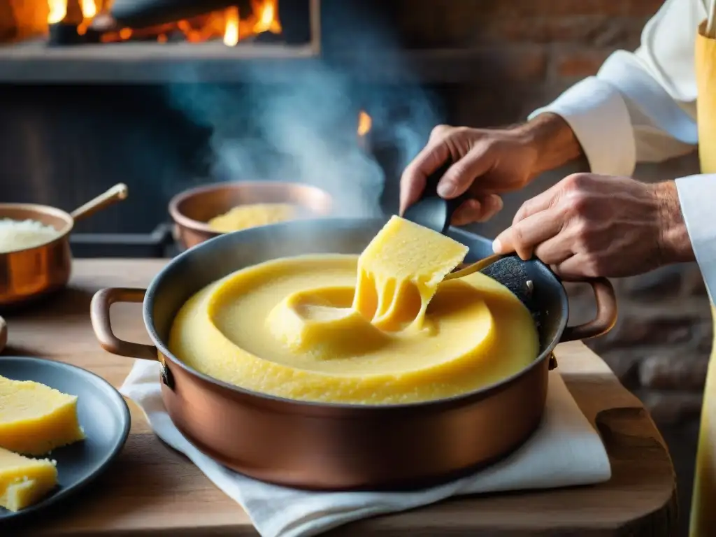 Chef italiano remueve polenta dorada en cocina rústica