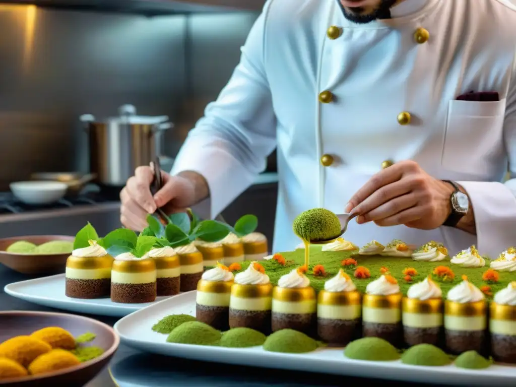 Un chef italiano postres innovadores decorando un tiramisú con pasión en cocina moderna