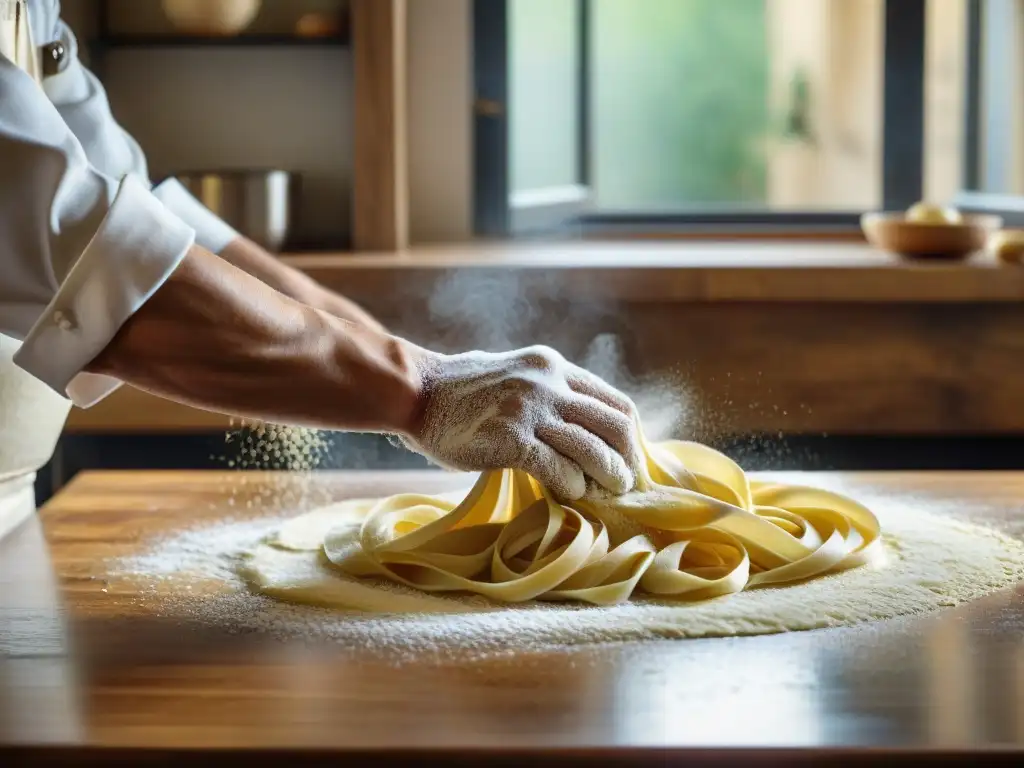 Un chef italiano hábil enrolla con precisión la masa fresca en una encimera rústica, destacando la reducción de desperdicio en la cocina italiana