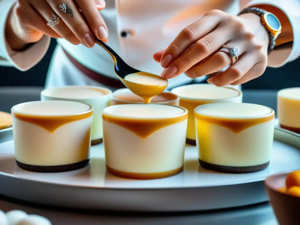 Un chef italiano vierte con precisión la mezcla de pannacotta en moldes individuales, destacando la historia y la cocina italiana