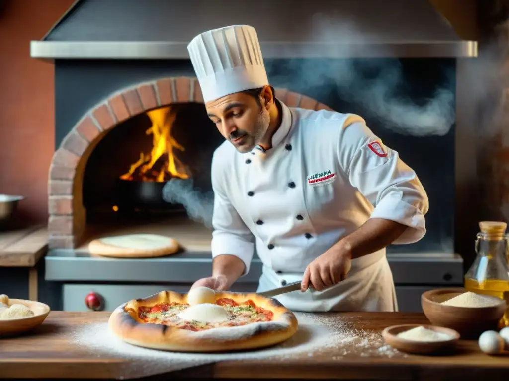 Un chef italiano profesional experto en pizza, realizando acrobacias con masa, con horno de leña y ingredientes frescos en una mesa de madera rústica