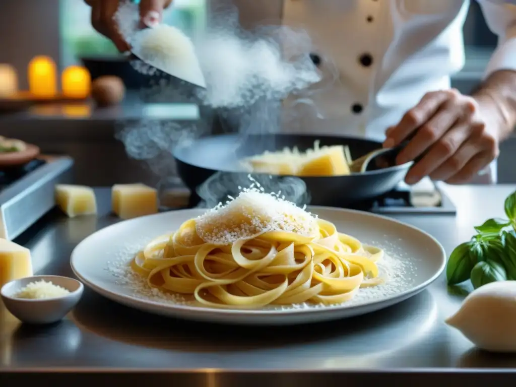 Un chef italiano esparciendo queso ParmigianoReggiano sobre pasta casera en una bulliciosa cocina