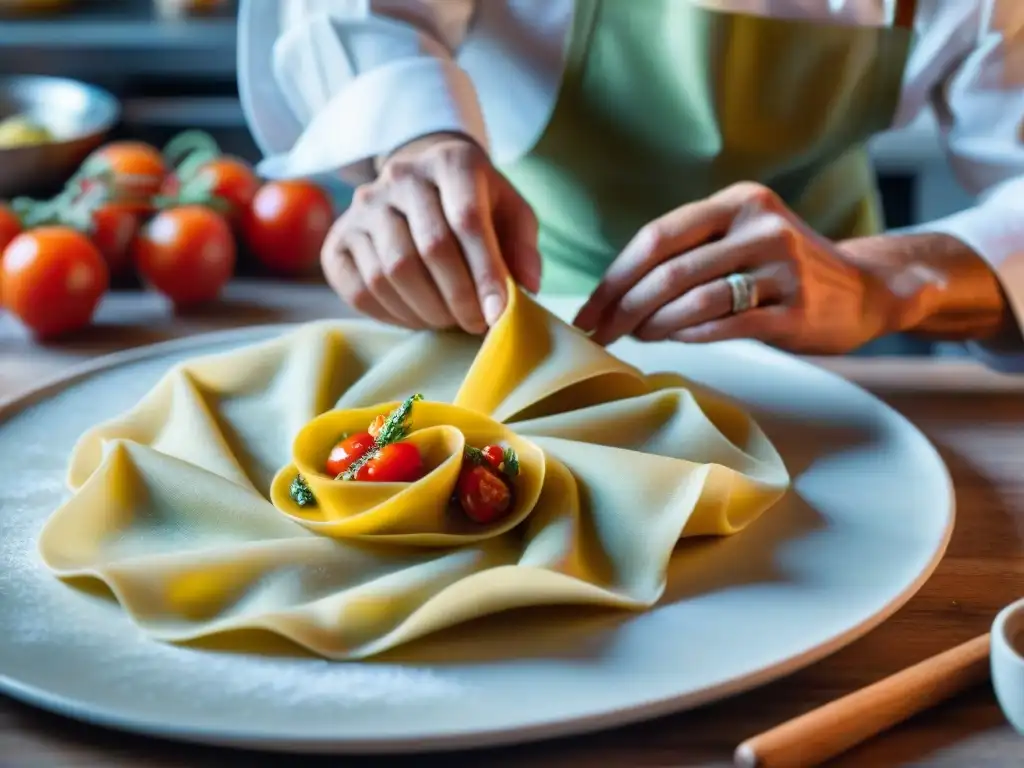 Chef italiano elaborando ravioli con dedicación entre ingredientes frescos, chefs cocina italiana innovadores