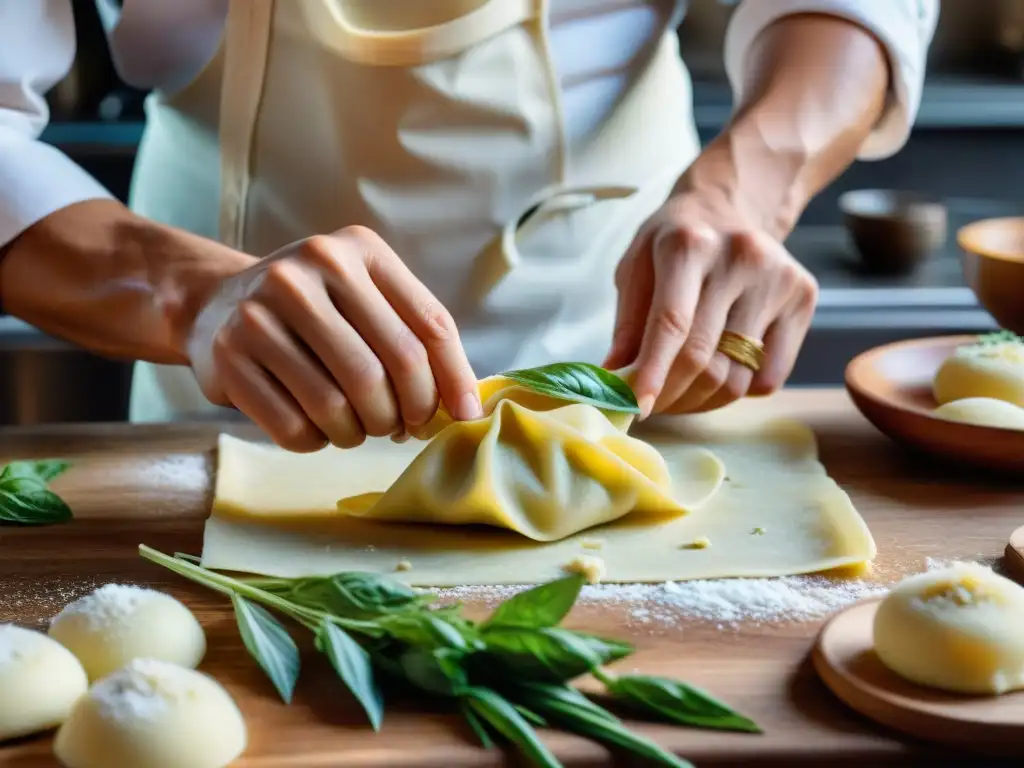 Un chef italiano hábil elabora raviolis rellenos en una cocina rústica del norte de Italia