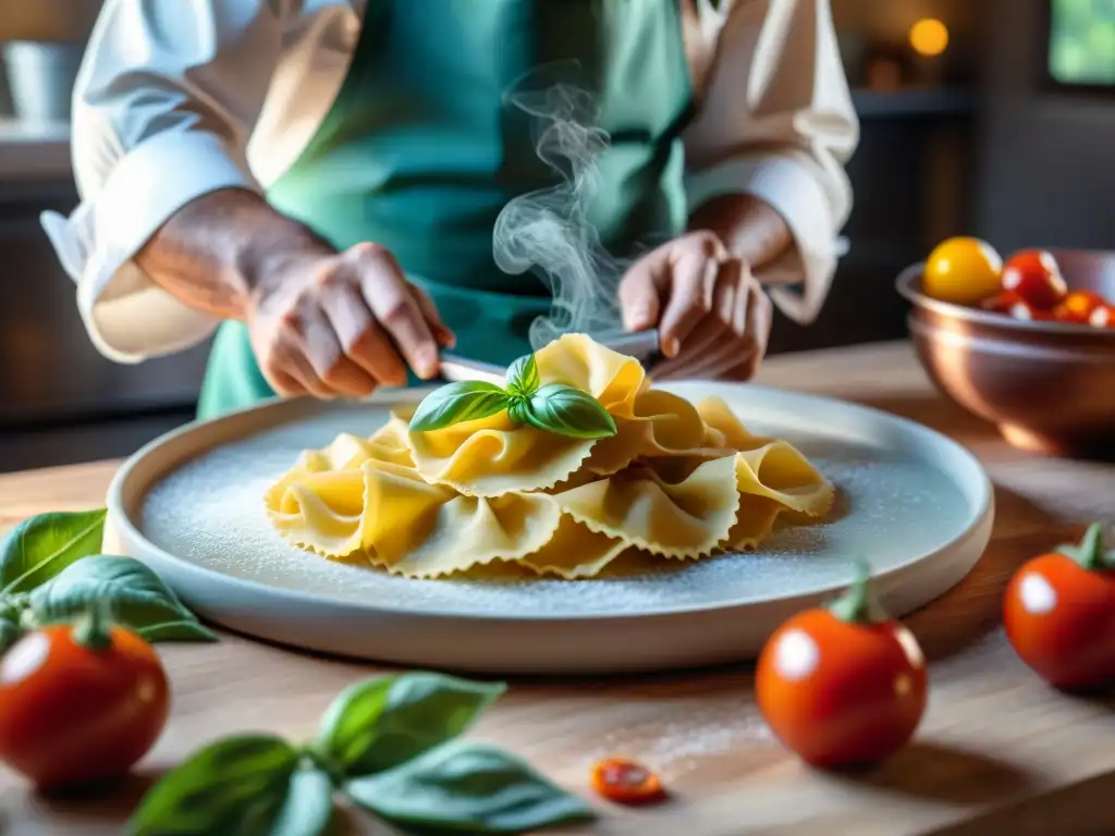 Chef italiano moldeando raviolis rodeado de ingredientes frescos