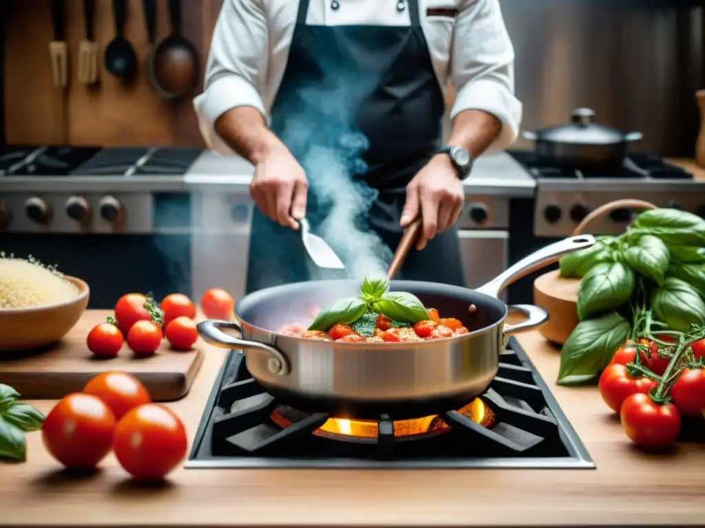 Chef italiano preparando una receta clásica en cocina tradicional con utensilios de madera y ingredientes frescos