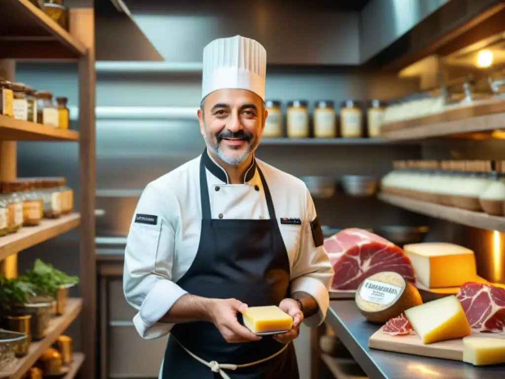 Un chef italiano preparando una receta con productos DOP en una cocina rústica y acogedora