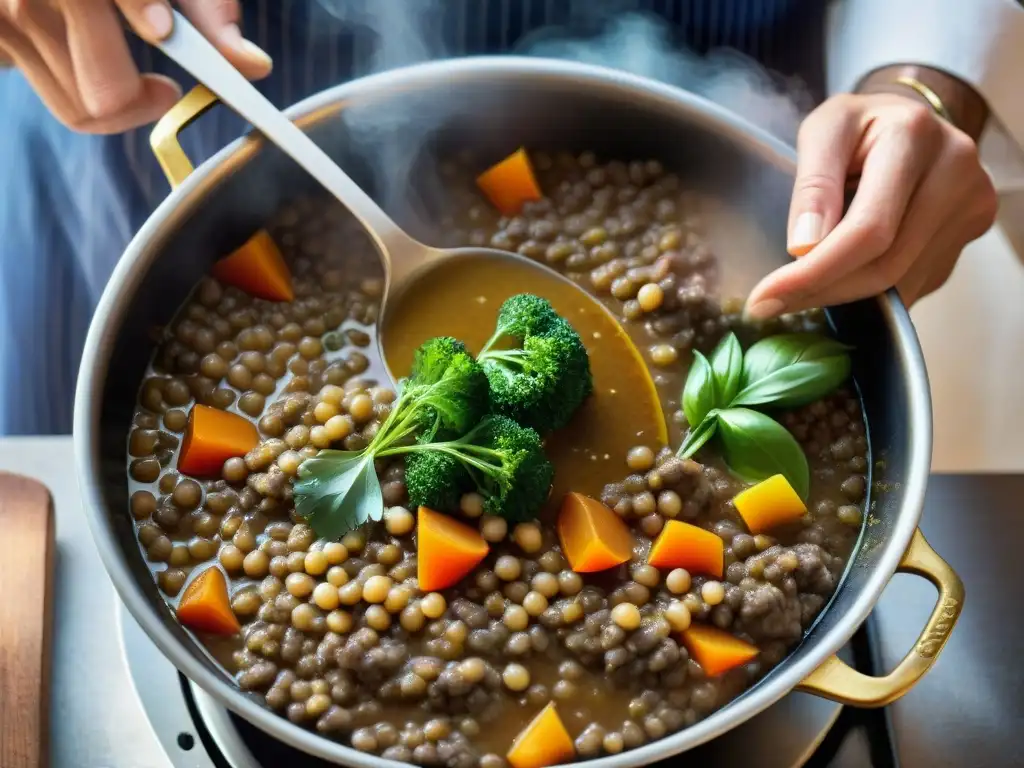 El chef italiano prepara con maestría un reconfortante guiso de lentejas Castelluccio