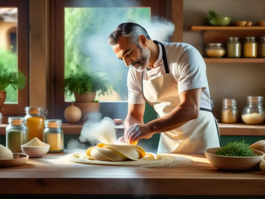 Un chef italiano reconocido amasa masa fresca en una cocina tradicional