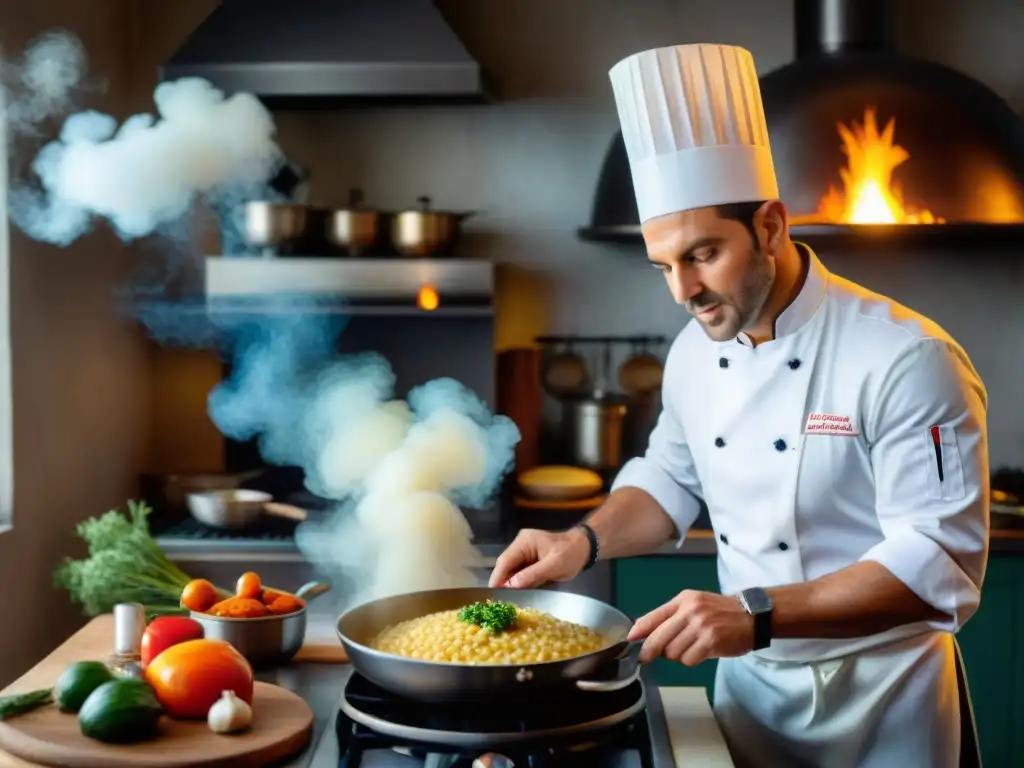 Un chef italiano reconocido voltea risotto en una cocina rústica llena de vegetales y libros de cocina italiana reconocidos