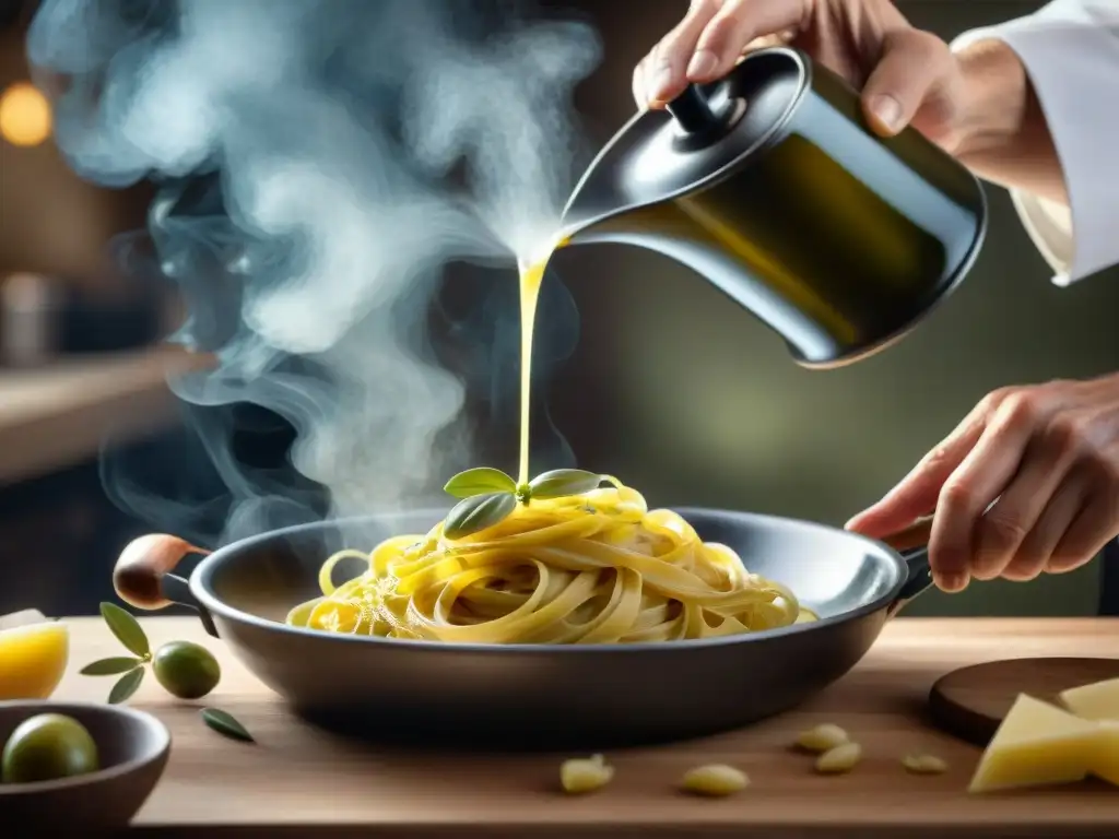 Un chef italiano renombrado vierte aceite de oliva premium sobre pasta carbonara recién hecha