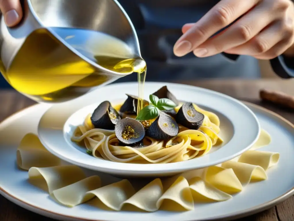 Un chef italiano renombrado vierte aceite de trufa sobre pasta casera en una cocina rústica