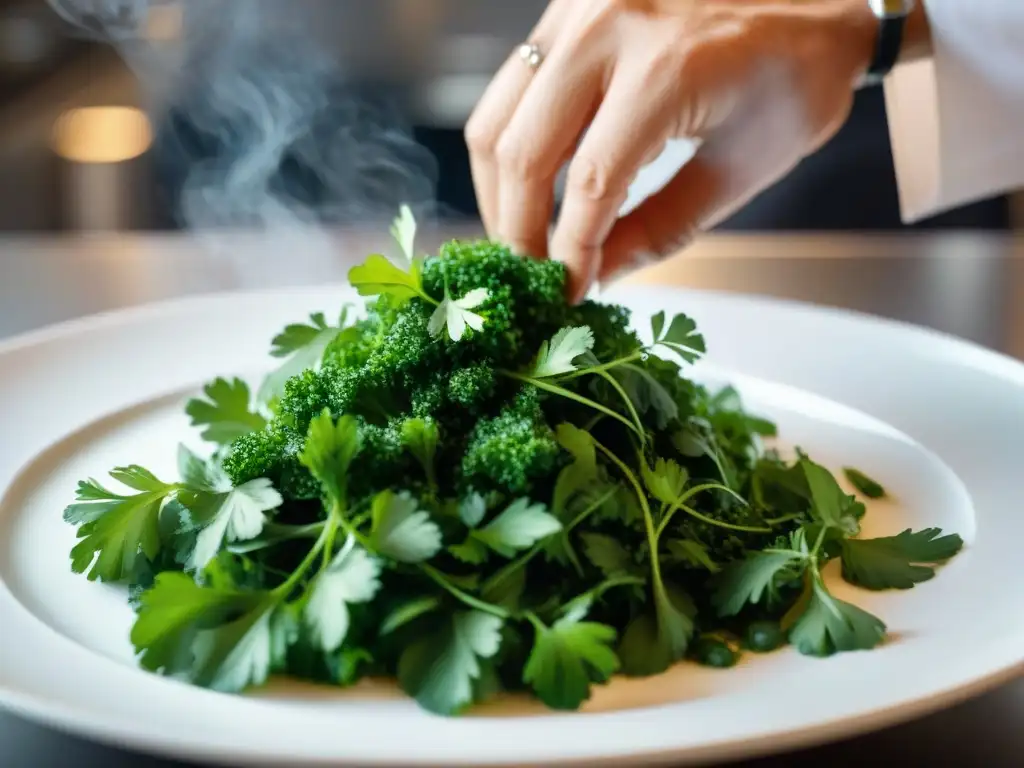 Un chef italiano renombrado esparciendo cilantro fresco sobre un plato vibrante en una cocina moderna en Italia