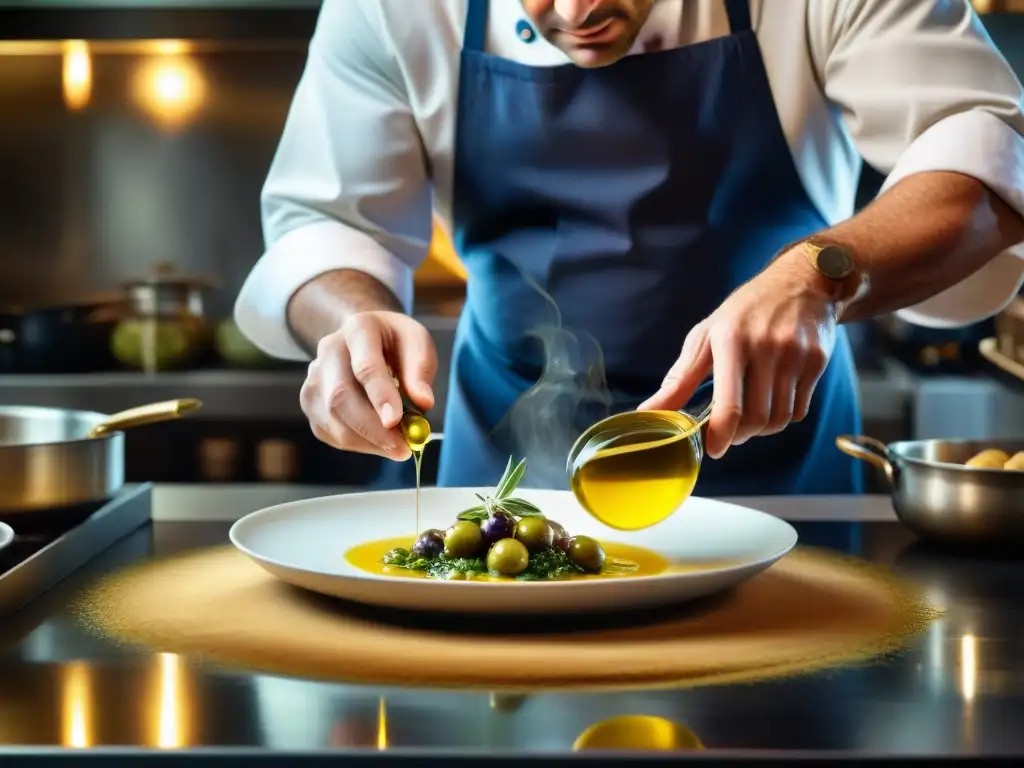 Un chef italiano renombrado en un elegante restaurante, rociando con precisión aceite de oliva premium sobre un exquisito plato