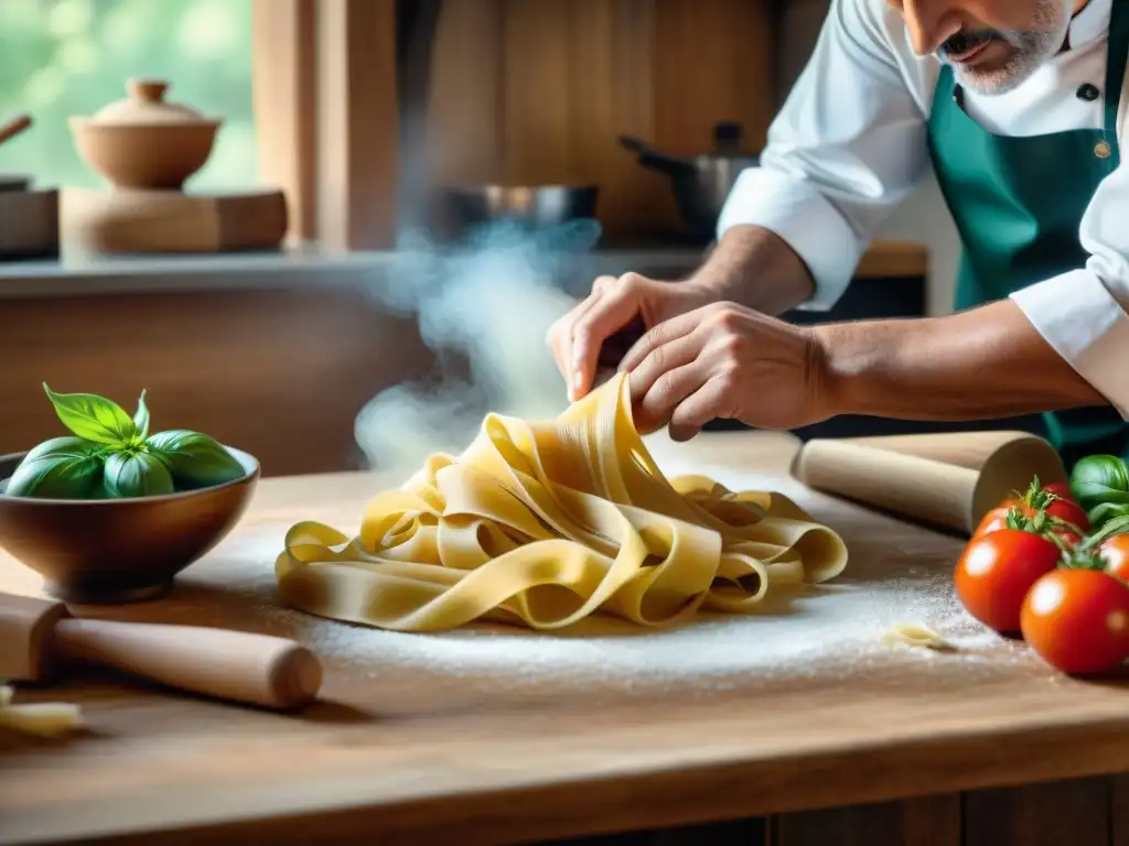 Un chef italiano renombrado crea formas de pasta con maestría en una cocina rústica llena de ingredientes frescos y libros de recetas gastados