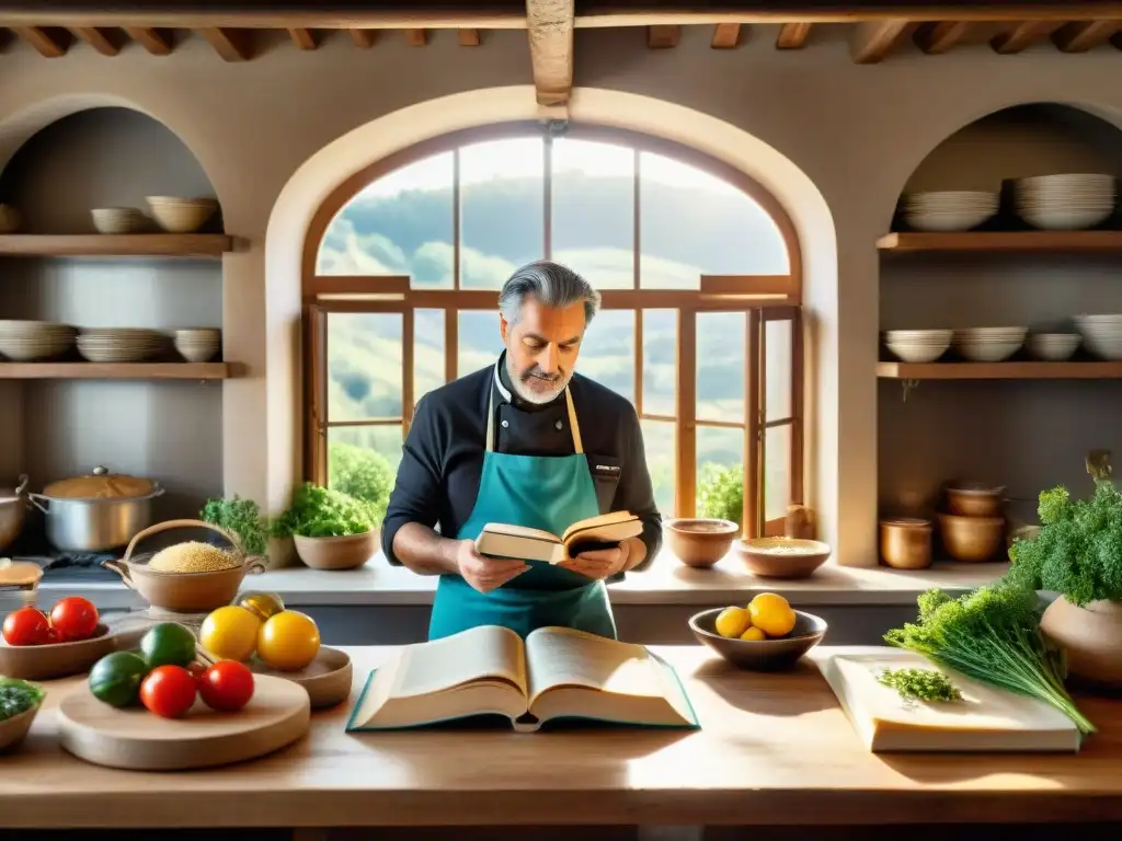 Un chef italiano renombrado examina apasionadamente libros de cocina italianos reconocidos en una cocina tradicional