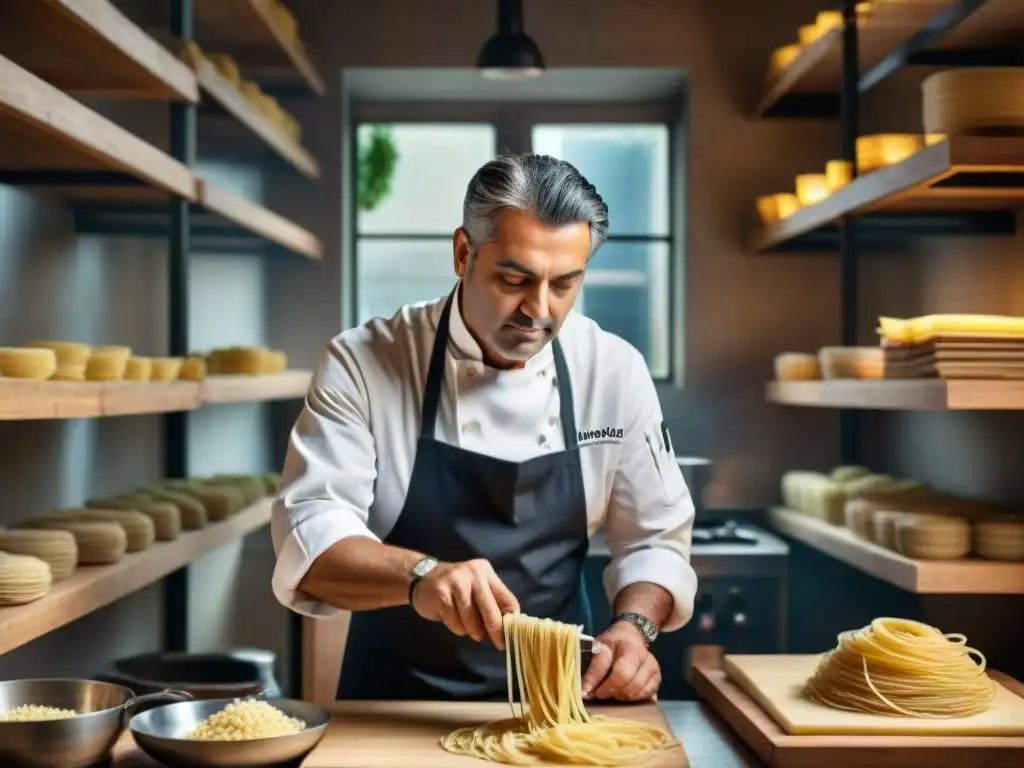 Un chef italiano renombrado elabora pasta a mano en una cocina rústica con Libros de cocina italiana reconocidos