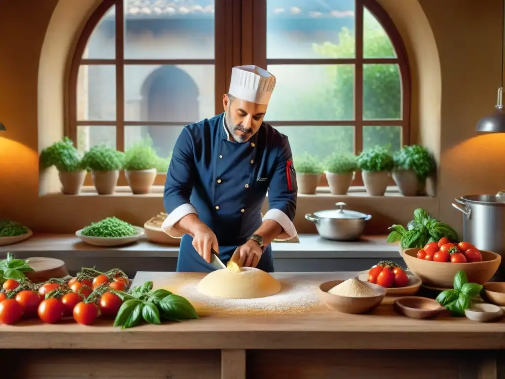 Un chef italiano renombrado amasando pasta fresca en una cocina toscana, rodeado de ingredientes frescos