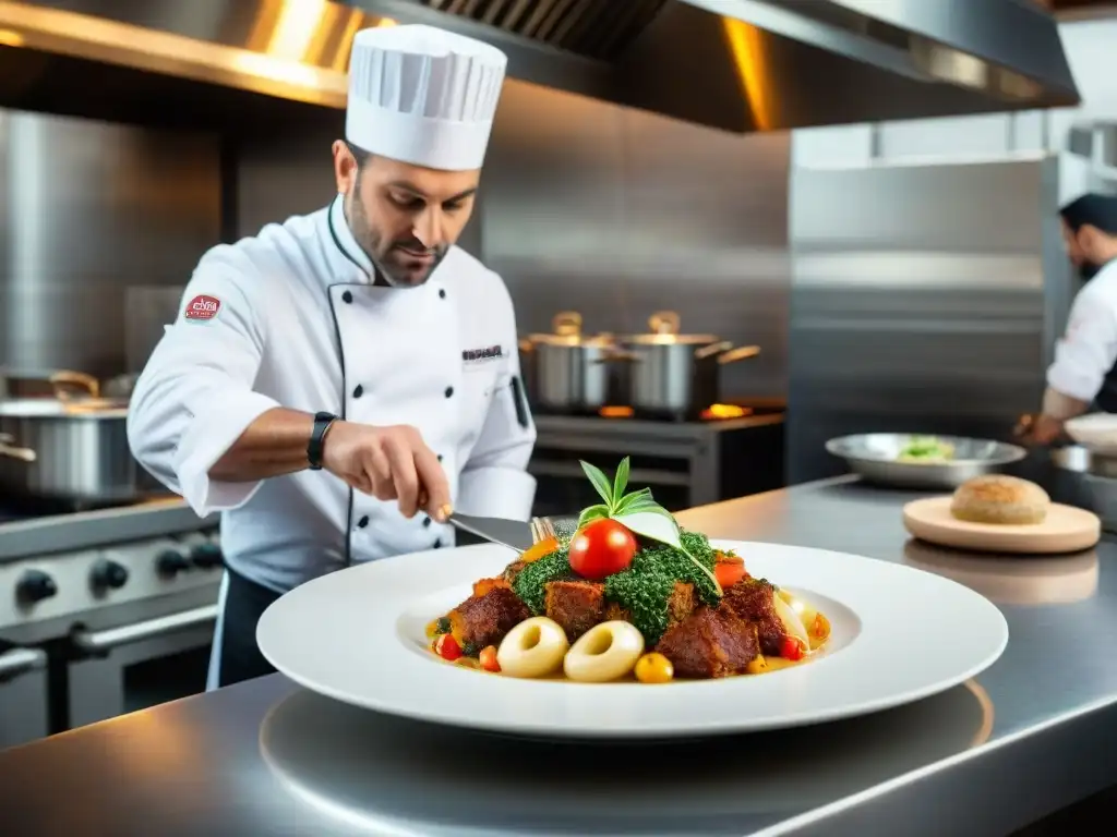 Un chef italiano renombrado preparando platos italianos innovadores con pasión y detalle en una cocina bulliciosa