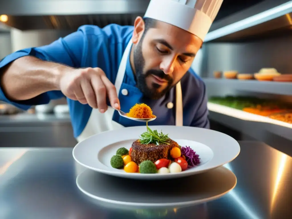 Un chef italiano renombrado creando platos italianos innovadores en una cocina moderna y elegante