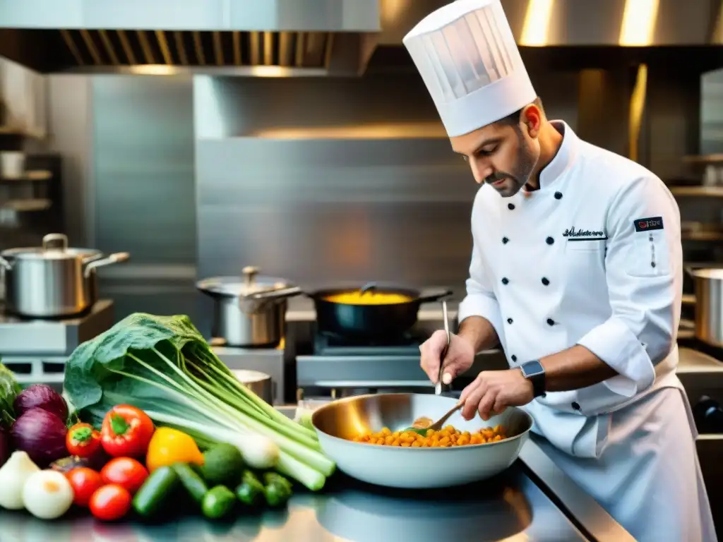 Un chef italiano renombrado preparando platos tradicionales con un toque moderno en una bulliciosa cocina