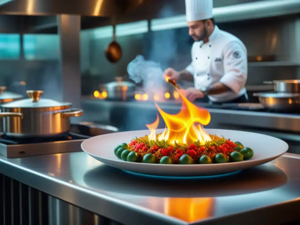 Un chef italiano renombrado plantea con precisión un exquisito plato sobre una vajilla italiana de diseñador gourmet