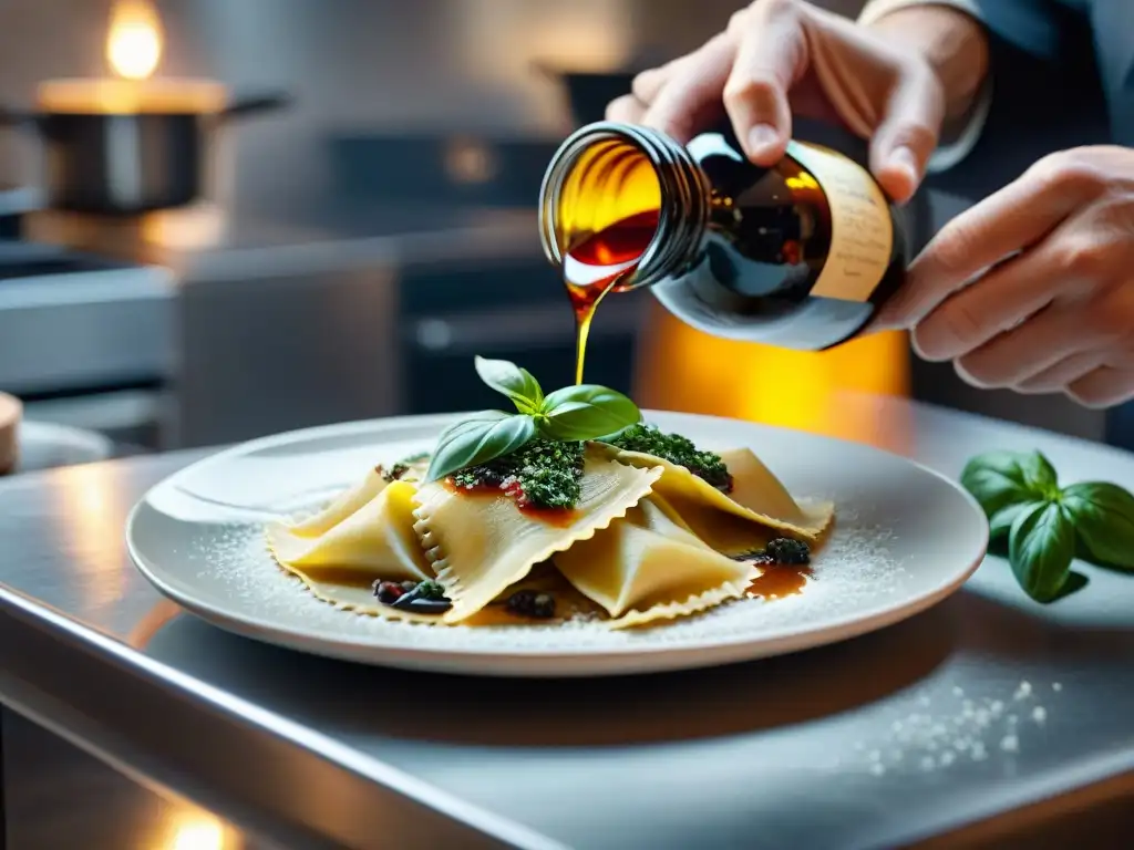 Un chef italiano renombrado da el toque final a un plato de ravioli con balsámico, Parmigiano Reggiano y albahaca