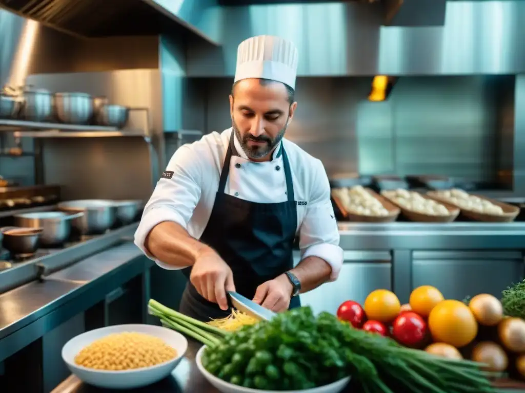 Chef italiano en restaurante sostenible, creando plato tradicional con ingredientes locales