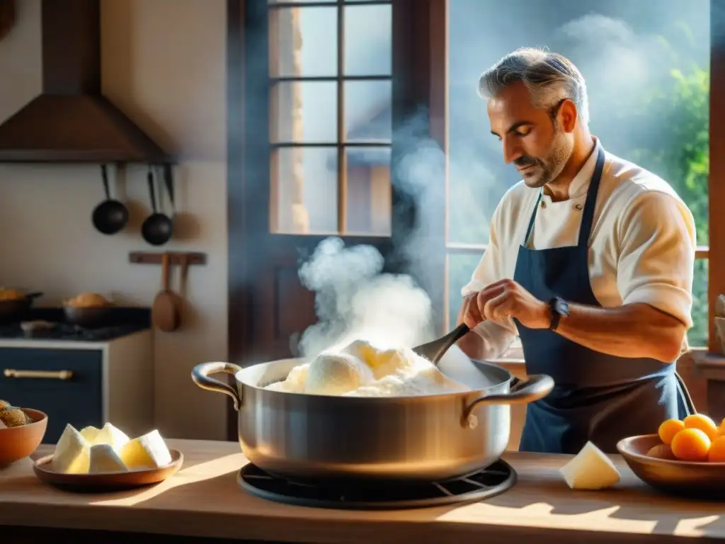 Un chef italiano prepara ricotta a mano en una cocina tradicional, resaltando los beneficios de la ricotta italiana