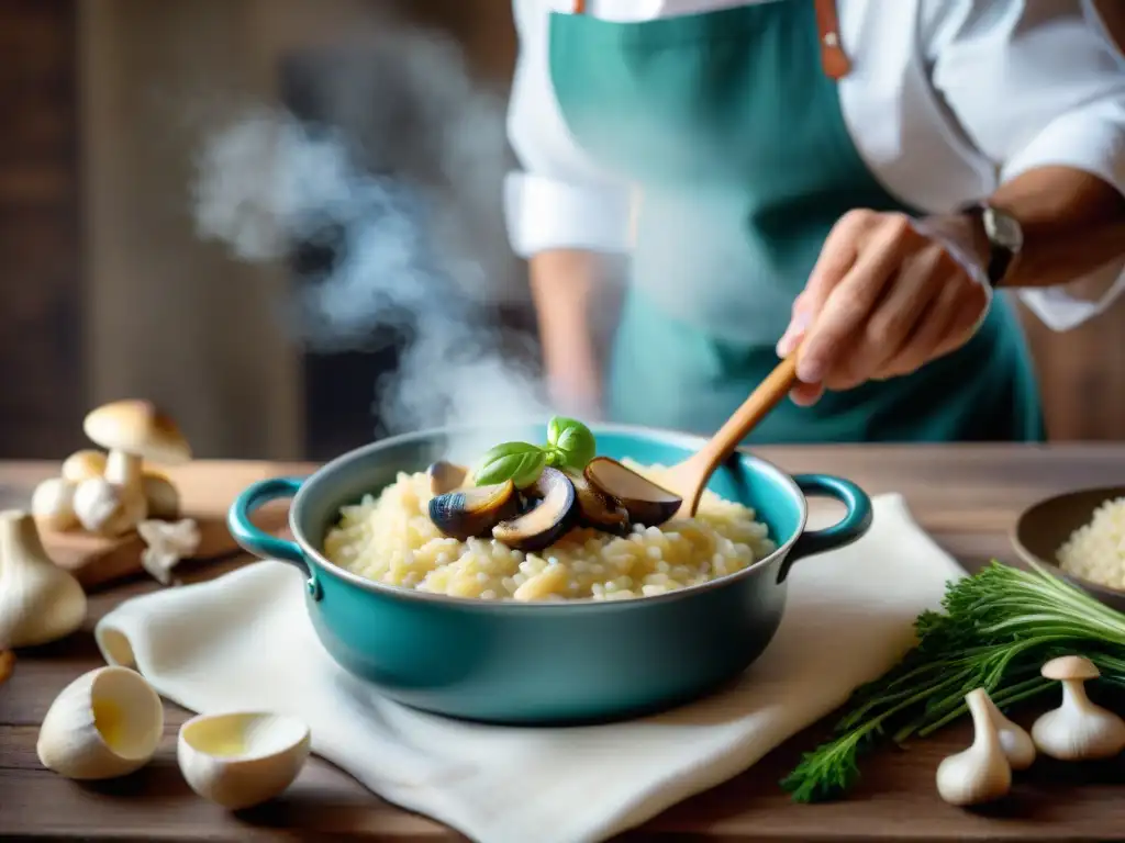 El chef italiano remueve con maestría un risotto cremoso entre ingredientes frescos, evocando autenticidad y tradición culinaria