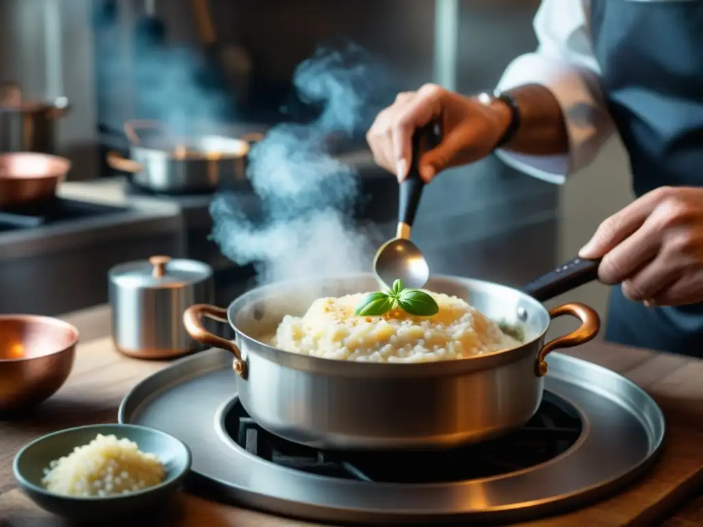 Un chef italiano remueve expertamente un risotto cremoso en una sartén tradicional, revelando los secretos del risotto perfecto maestros