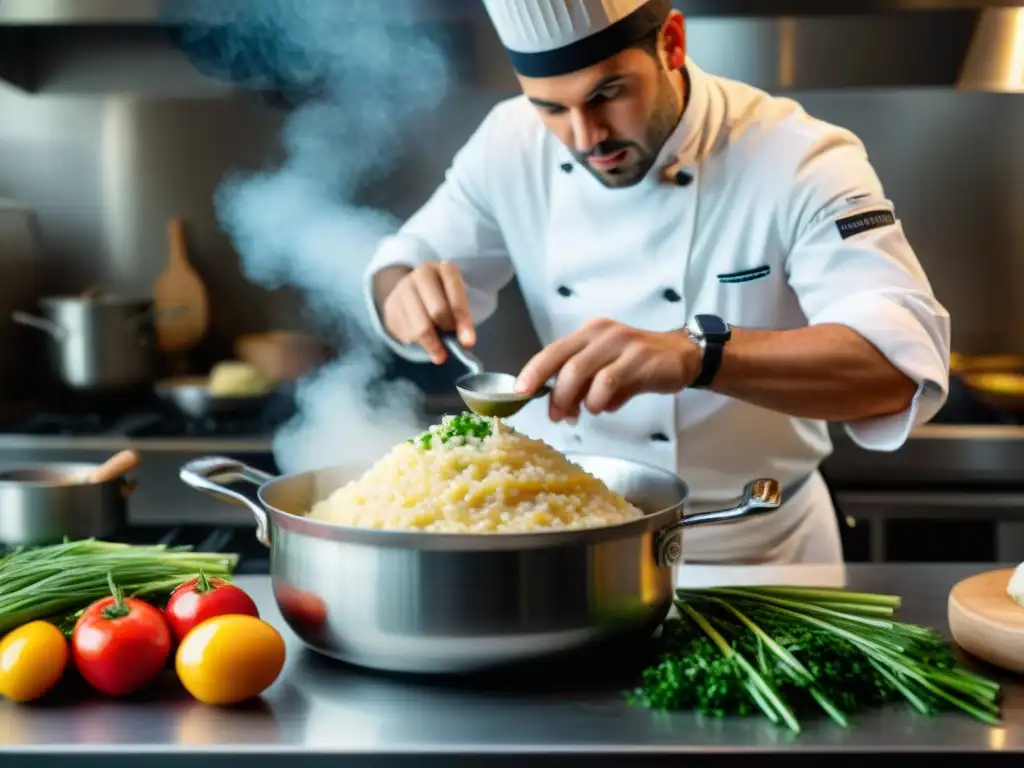 Chef italiano preparando risotto con pasión y destreza Un chef italiano prepara risotto con pasión y destreza en tiempo récord, rodeado de ingredientes frescos y coloridos