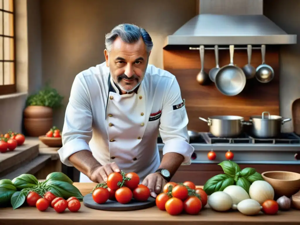 Un chef italiano rodeado de ingredientes frescos en una cocina toscana, con libros de recetas italianas chefs