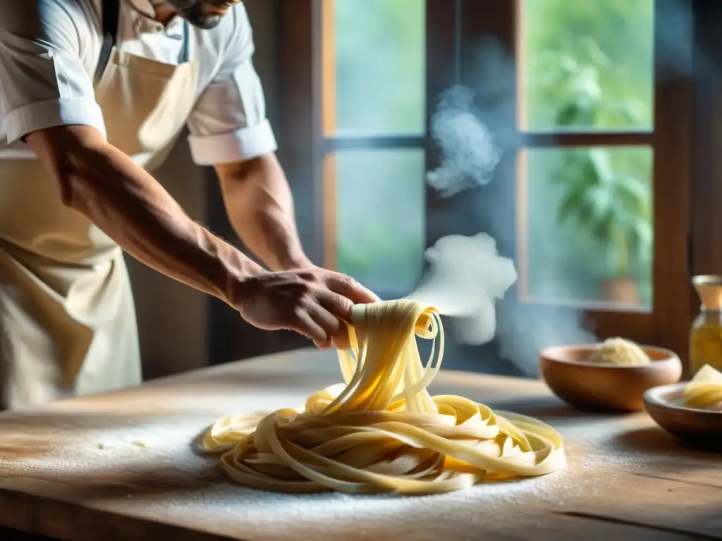 Un chef italiano hábil en un rústico entorno, amasando pasta fresca con destreza bajo la luz natural