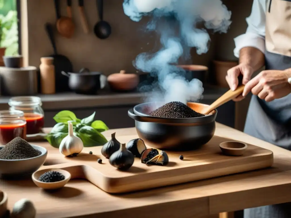 Un chef italiano prepara una salsa de tomate con ajo negro en una cocina rústica