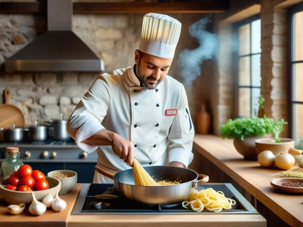 Un chef italiano transforma sobras de pasta en un exquisito plato gourmet en una bulliciosa cocina tradicional italiana