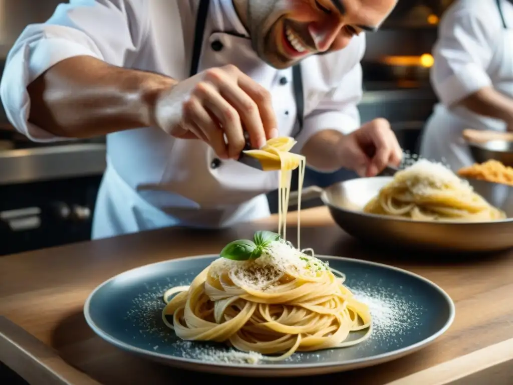 Un chef italiano sonriente esparciendo Parmesano sobre pasta casera en una cocina bulliciosa