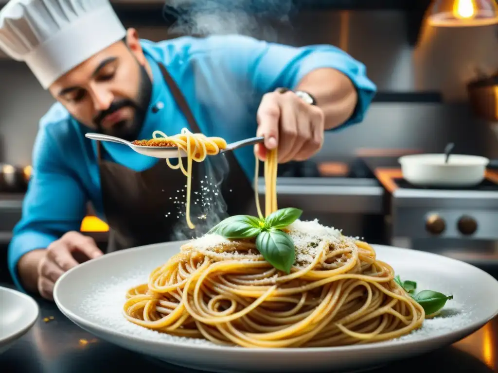 Chef italiano preparando Spaghetti al café en cocina bulliciosa, con aroma a café y pasta