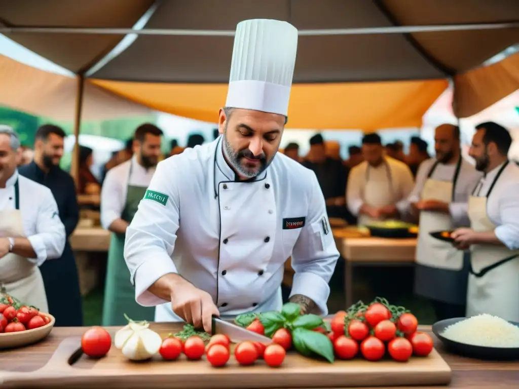 Chef italiano en acción en un taller de cocina en festival, cortando tomates frescos