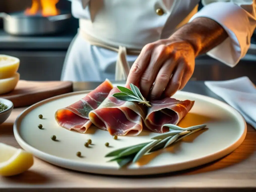 Chef italiano hábil preparando con técnica auténtica saltimbocca italiana