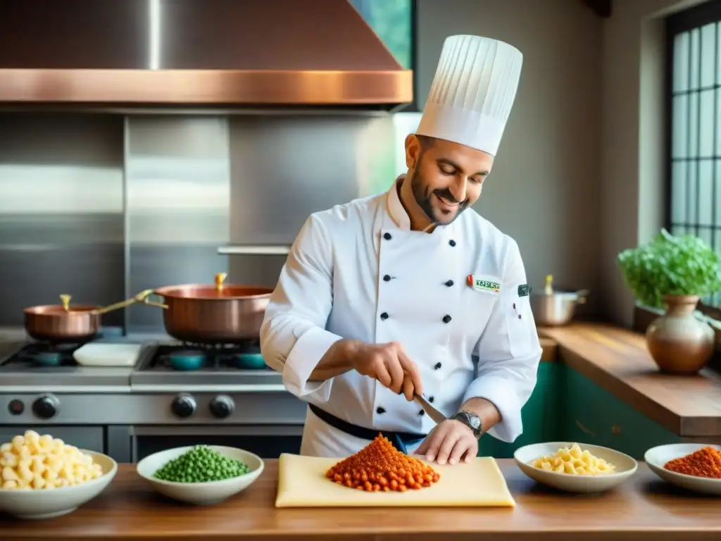 Un chef italiano enseñando técnicas de cocina italiana tradicionales a estudiantes culinarios en una cocina toscana soleada