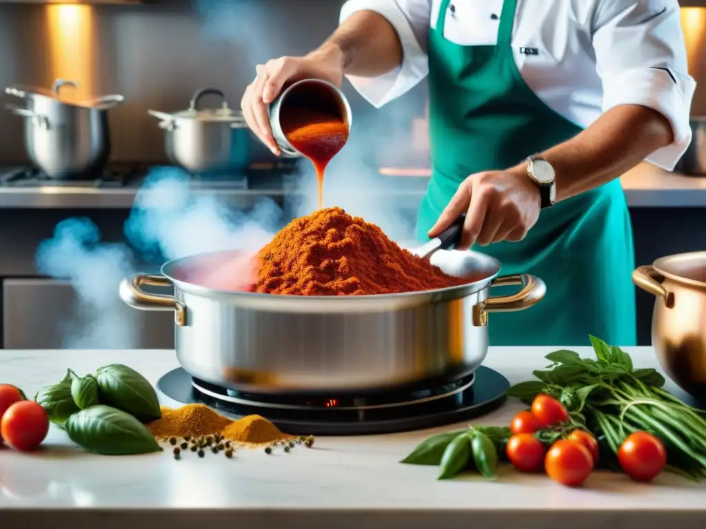 Chef italiano fusionando técnicas culinarias italianas innovadoras con sabores étnicos vibrantes en una bulliciosa cocina