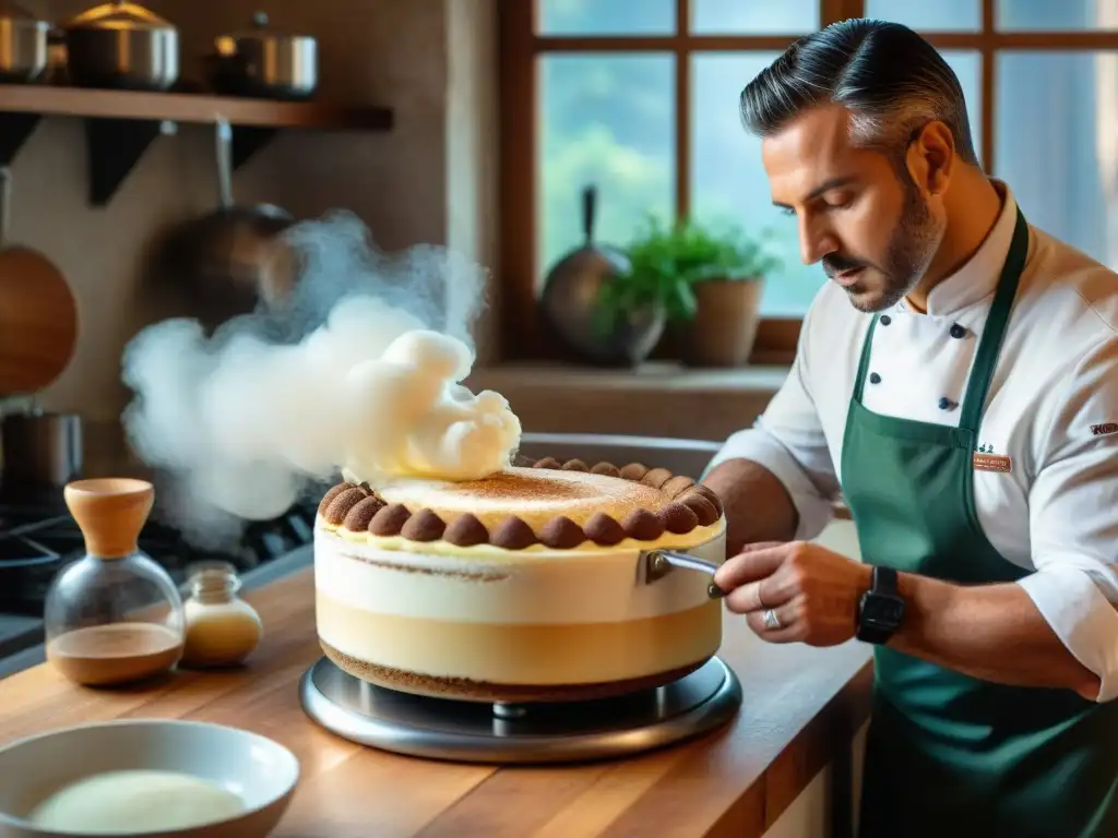 Chef italiano usando sifón para decorar tiramisú en cocina tradicional, capturando el arte culinario